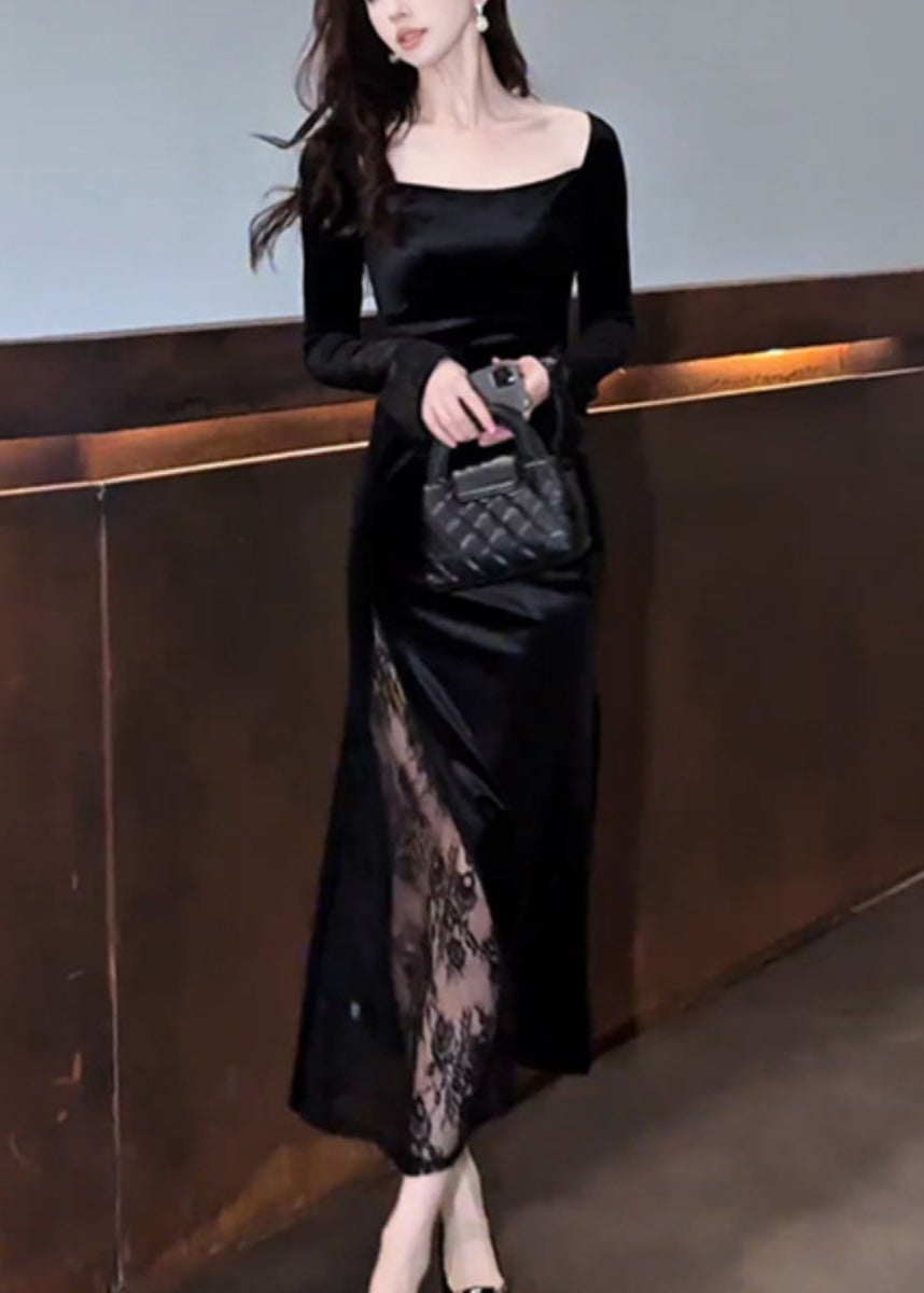 Velvet Square Neck Long Sleeve Lace Panel High Split Maxi Gown