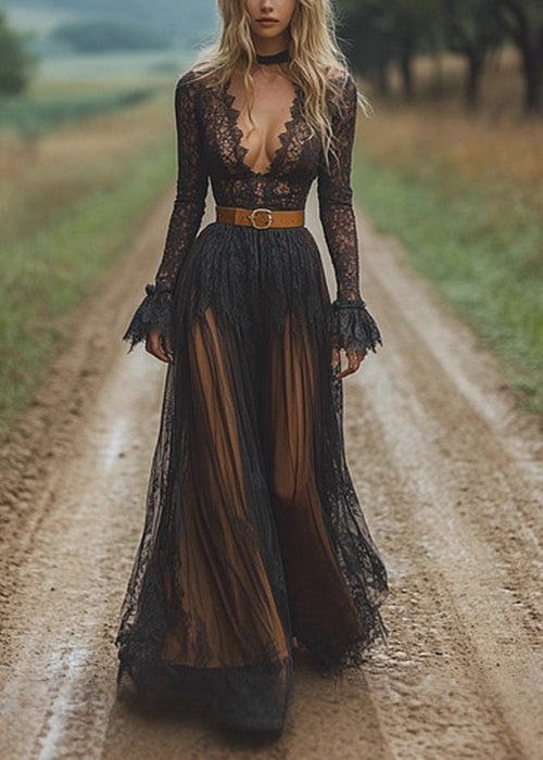 Lace Deep V-Neck Long Sleeve Ruffle Cuff Belted Tiered Maxi Gown