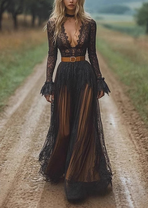Lace Deep V-Neck Long Sleeve Ruffle Cuff Belted Tiered Maxi Gown