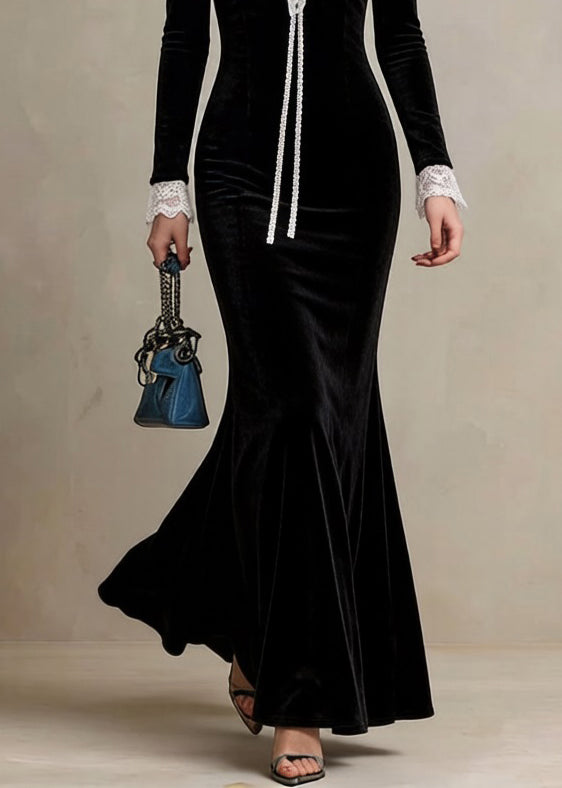 Velvet Deep V-Neck Lace Trim Tie Long Sleeve Mermaid Maxi Dress