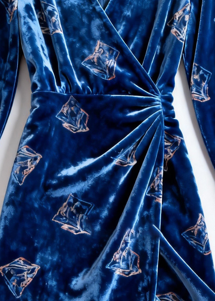 Velvet Sailboat Print Deep V-Neck Wrap Long Sleeve High Split Midi Dress