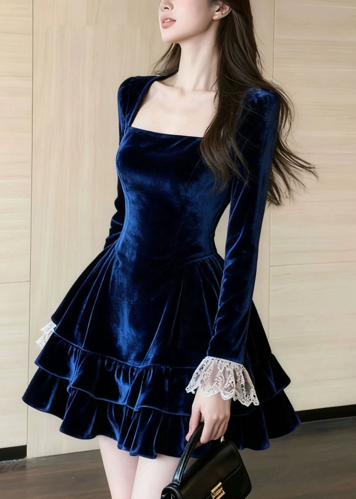 Velvet Square Neck Long Sleeve Lace Trim Tiered Ruffle Mini Dress