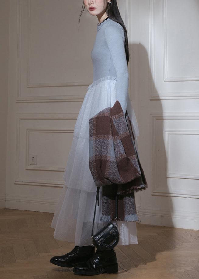 Slim Fit Blue Ruffled Up Tulle Patchwork Knit Long Dresses Fall 4