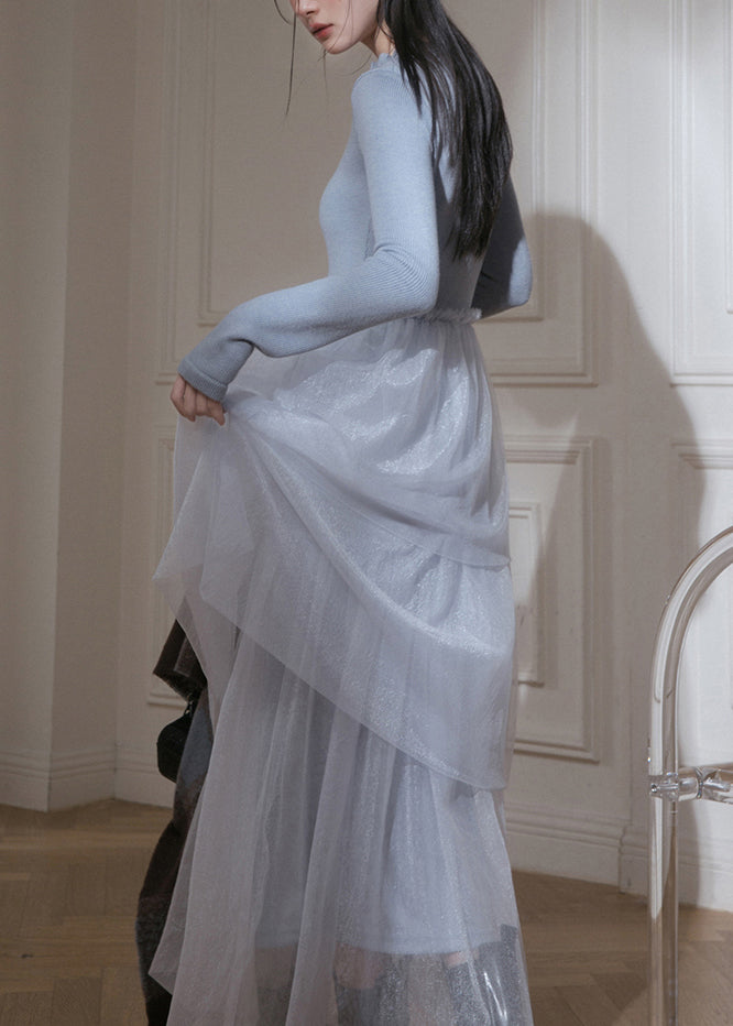 Slim Fit Blue Ruffled Up Tulle Patchwork Knit Long Dresses Fall 5