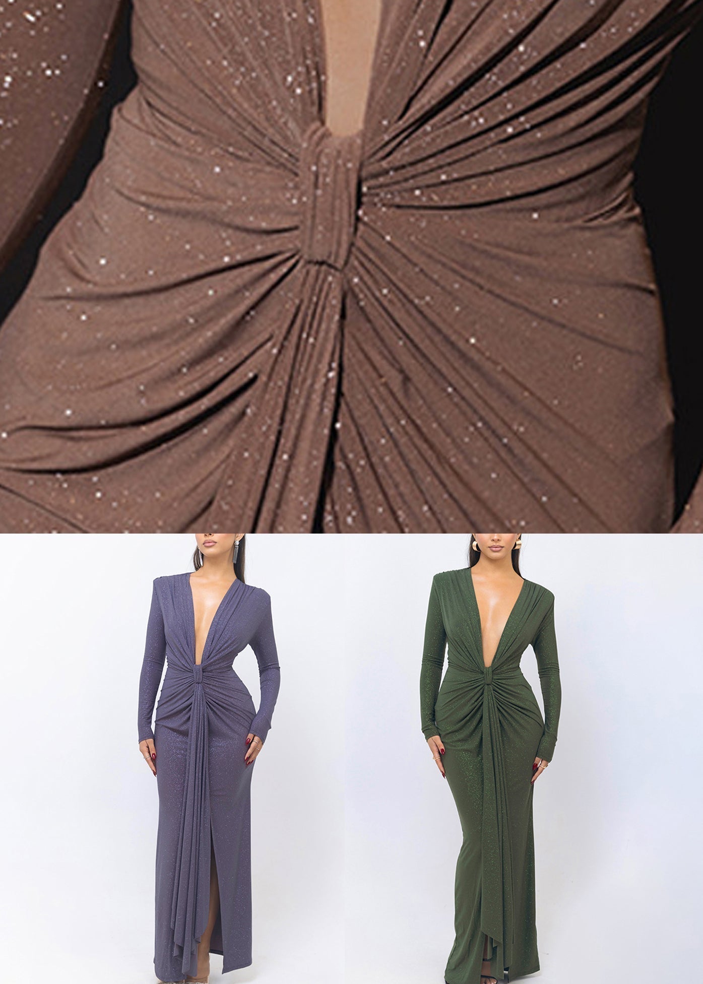 Glitter Deep V-Neck Long Sleeve Ruched Waist Drape Panel Bodycon Gown