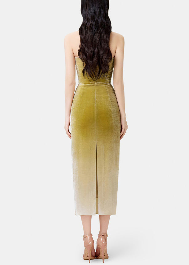 Velvet Strapless Ruched Bodycon Ombre Midi Dress