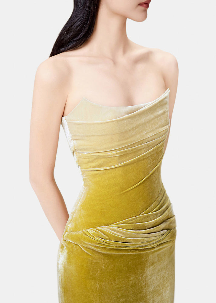 Velvet Strapless Ruched Bodycon Ombre Midi Dress