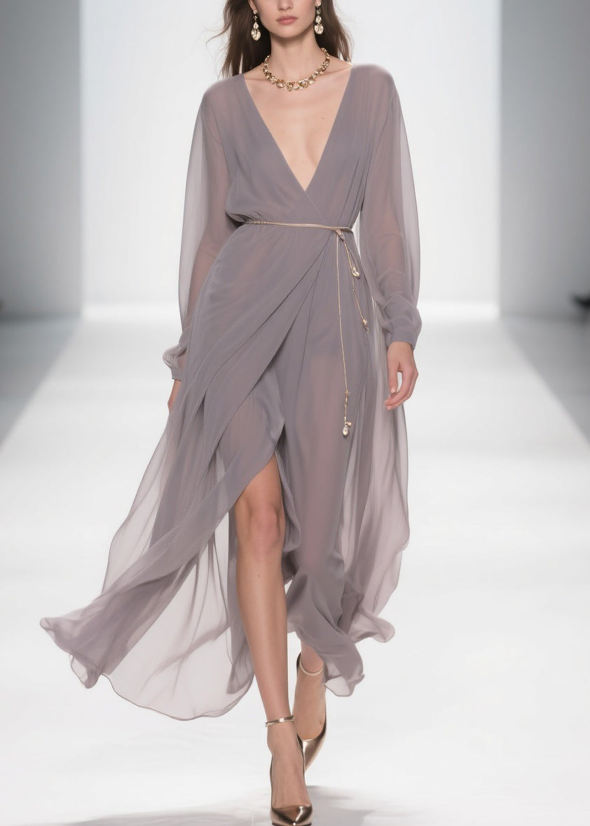 Chiffon Deep V-Neck Long Sleeve Wrap High Split Maxi Gown