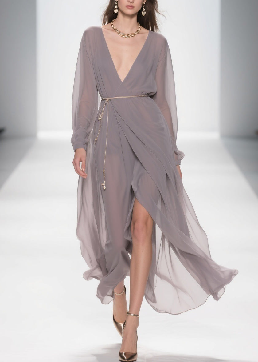 Chiffon Deep V-Neck Long Sleeve Wrap High Split Maxi Gown - View 3
