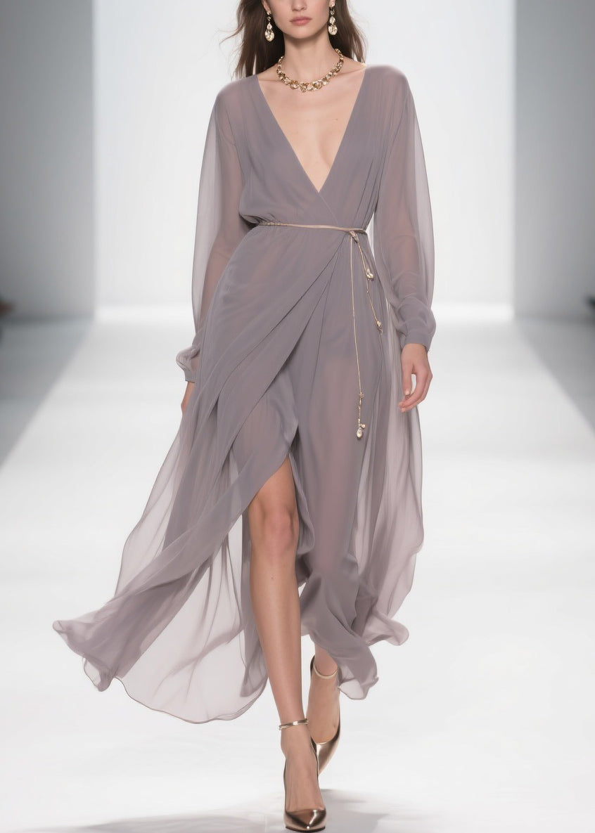Chiffon Deep V-Neck Long Sleeve Wrap High Split Maxi Gown