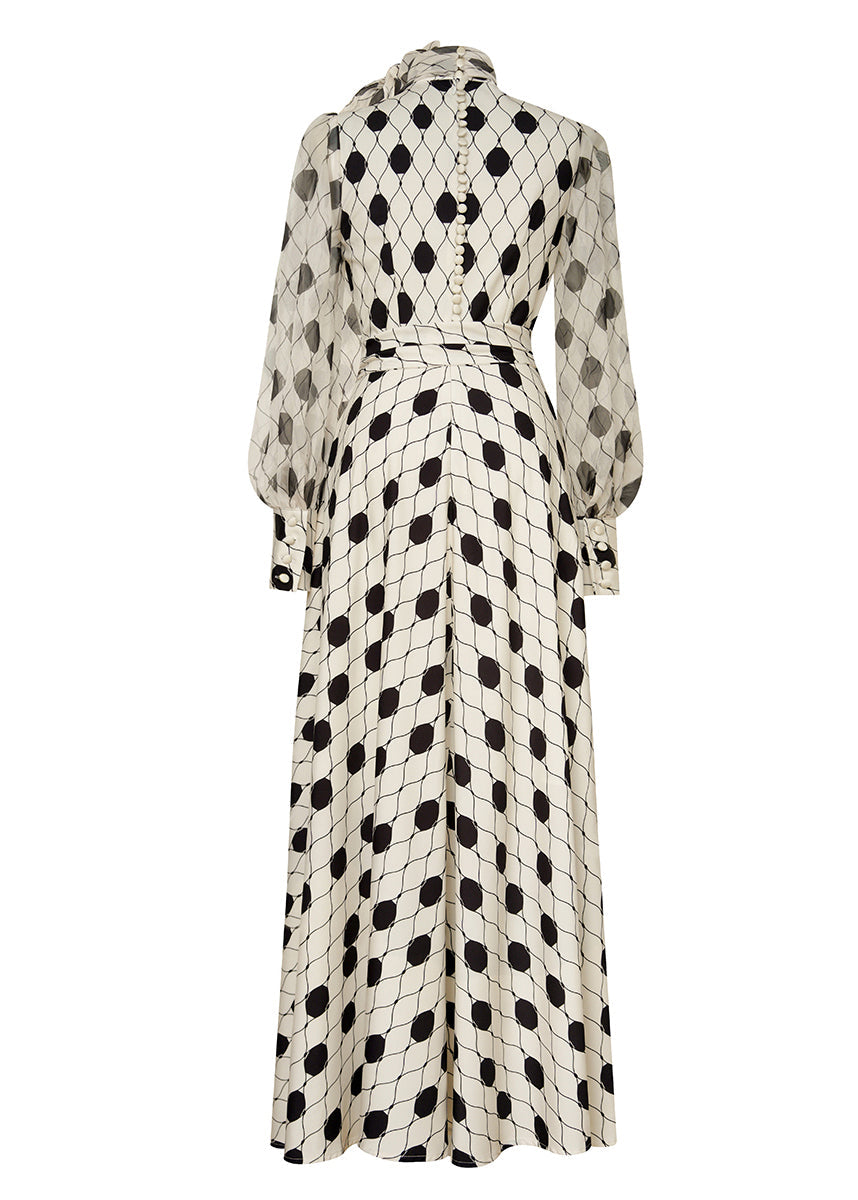 Polka Dot Lace Up Collar Balloon Sleeve Maxi Dress