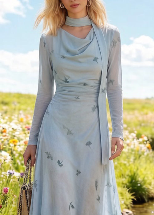 Cowl Neck Sheer Long Sleeve Ruched Waist Chiffon Maxi Dress