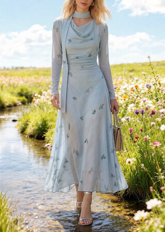 Cowl Neck Sheer Long Sleeve Ruched Waist Chiffon Maxi Dress