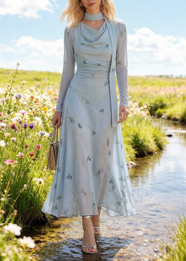 Cowl Neck Sheer Long Sleeve Ruched Waist Chiffon Maxi Dress - View 5