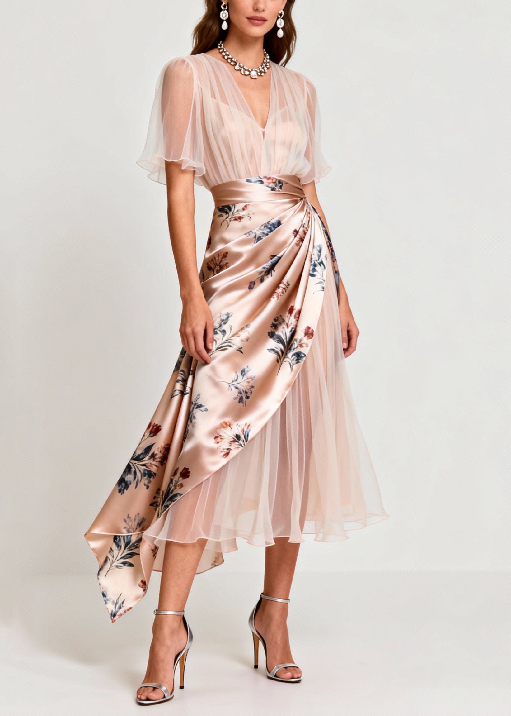 Floral Satin Sheer V-Neck Butterfly Sleeve Wrap Layered Tulle Midi Dress
