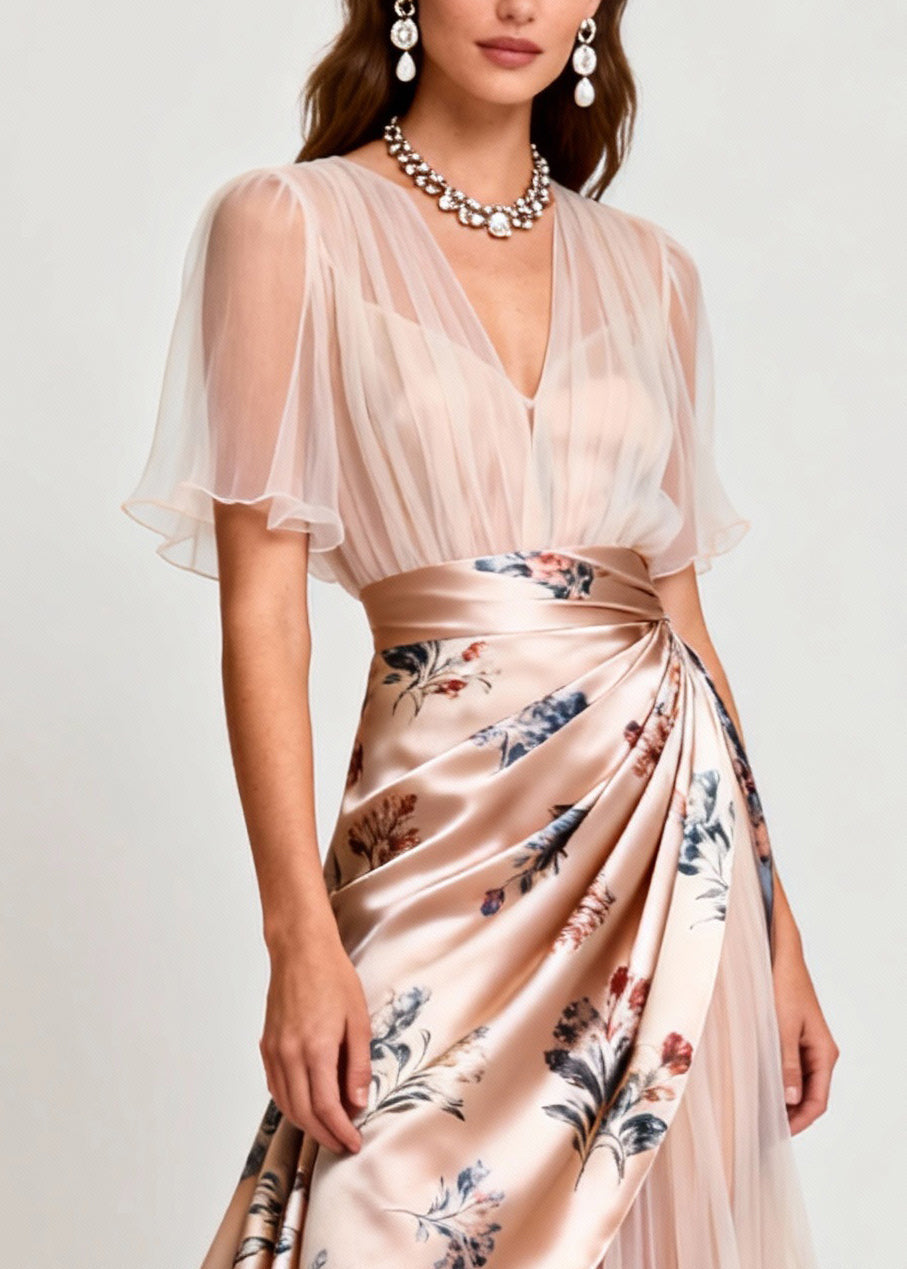 Floral Satin Sheer V-Neck Butterfly Sleeve Wrap Layered Tulle Midi Dress