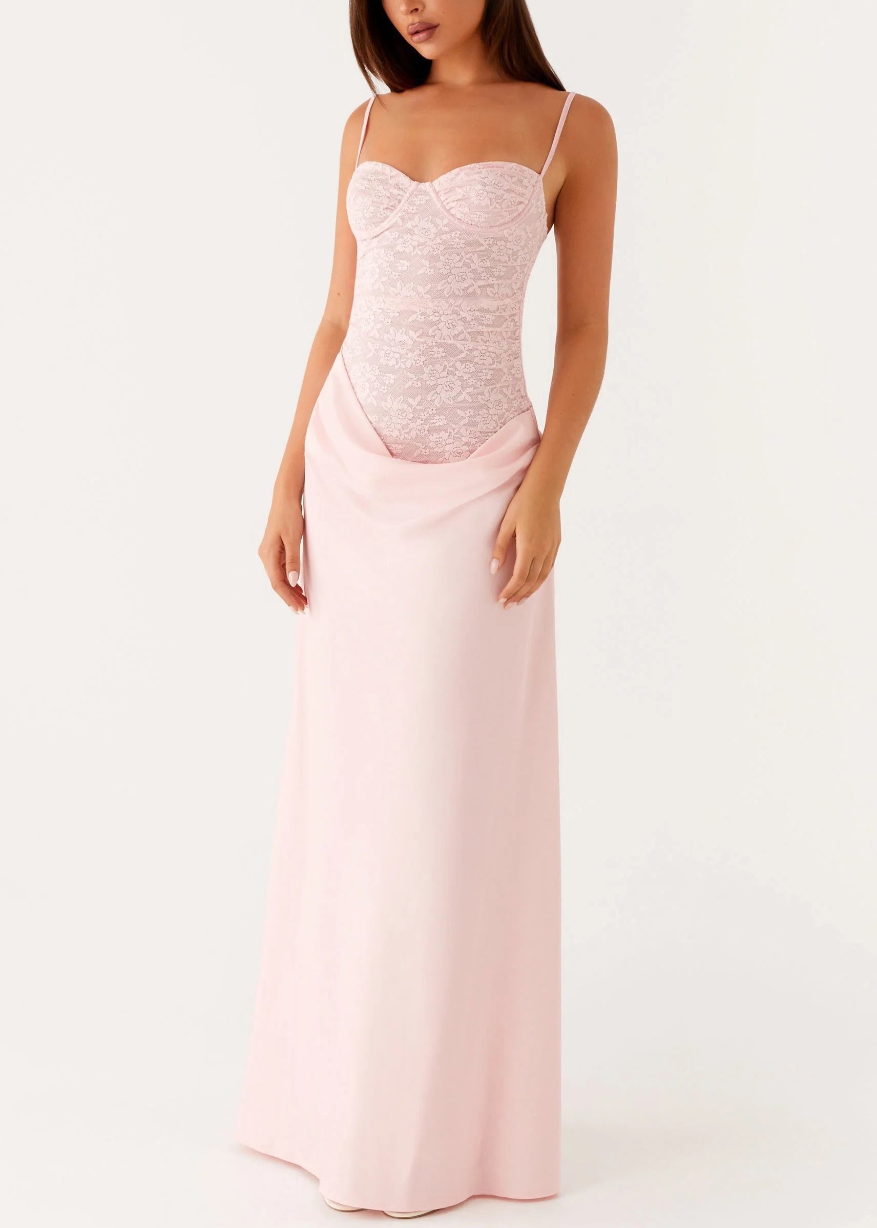 Lace Corset Cowl Drape Spaghetti Strap Column Maxi Gown