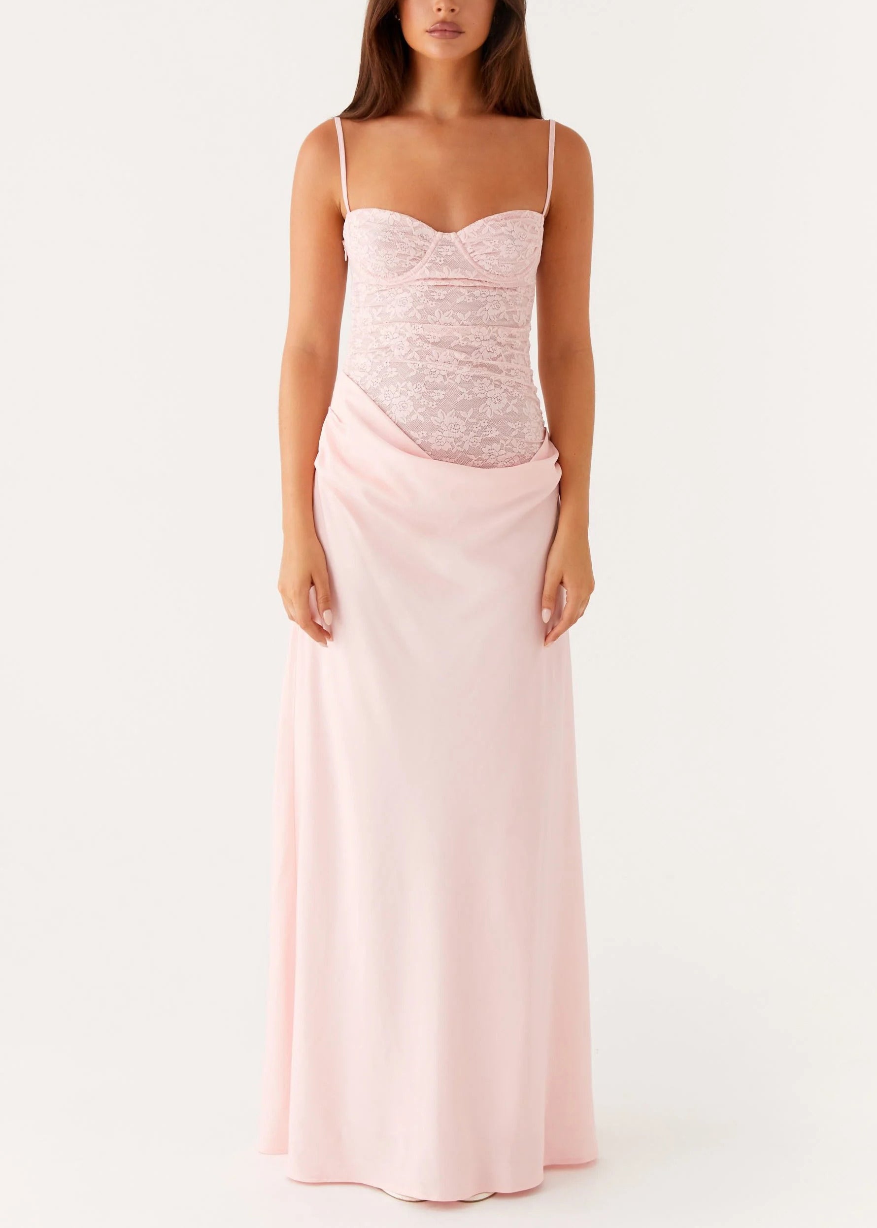 Lace Corset Cowl Drape Spaghetti Strap Column Maxi Gown