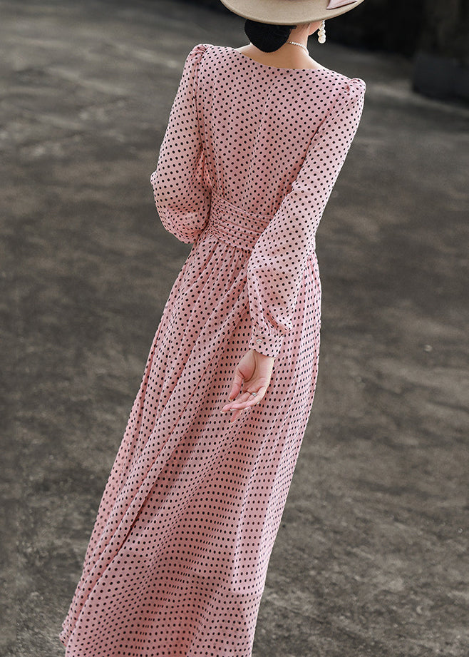 Slim Fit Pink Dot O Neck Chiffon Dresses Long Sleeve - View 5
