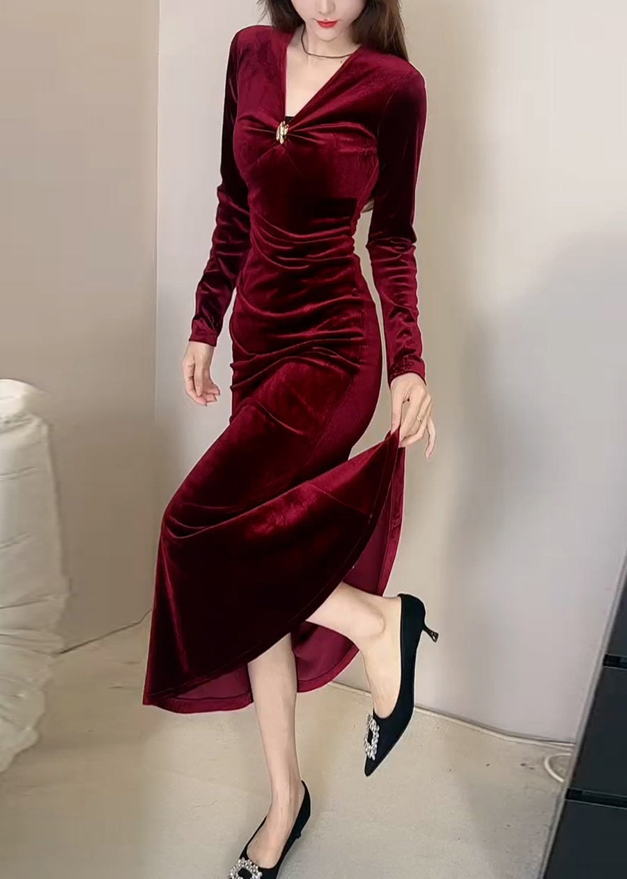 Velvet V-Neck Long Sleeve Ruched Brooch Bodycon Maxi Dress