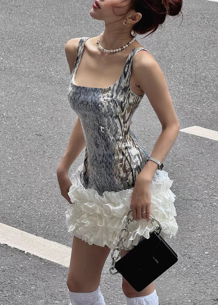 Sequin Scoop Neck Wide Strap Tiered Ruffle Mini Dress - View 3