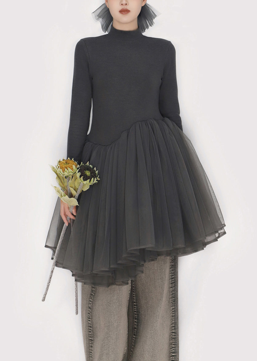 Slim Fit Smoky Gray Asymmetrical Tulle Patchwork Mini Dress Winter 2