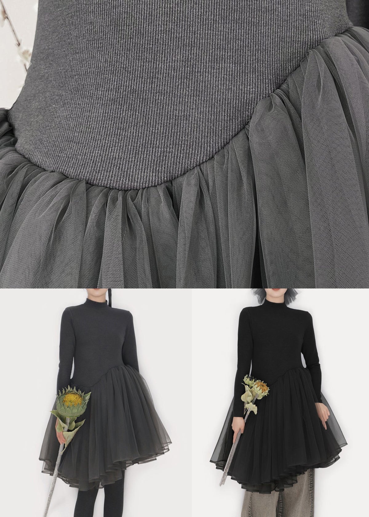 Mock Neck Long Sleeve Knit Bodice Layered Tulle Skirt Mini Dress 5