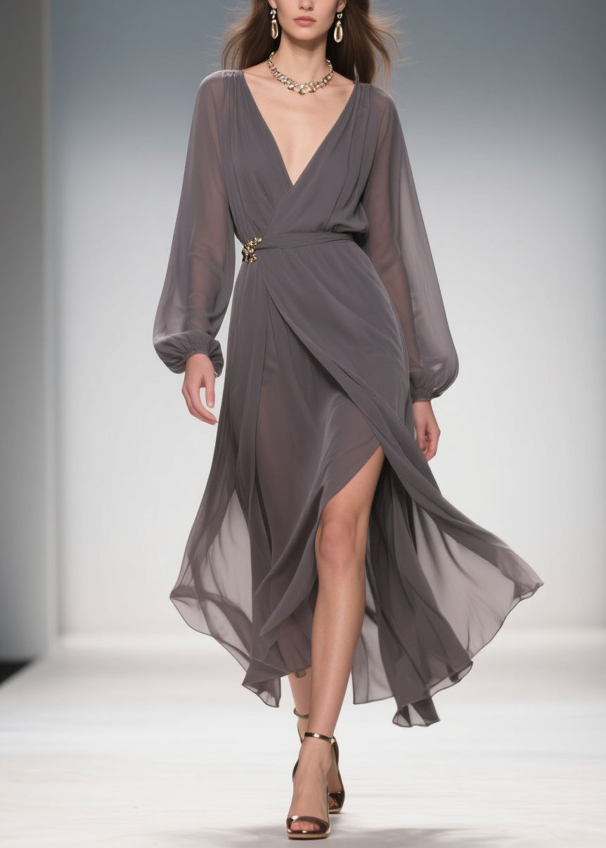 Chiffon Wrap Deep V-Neck Bishop Sleeve Jeweled Buckle Belt High Split Maxi Gown