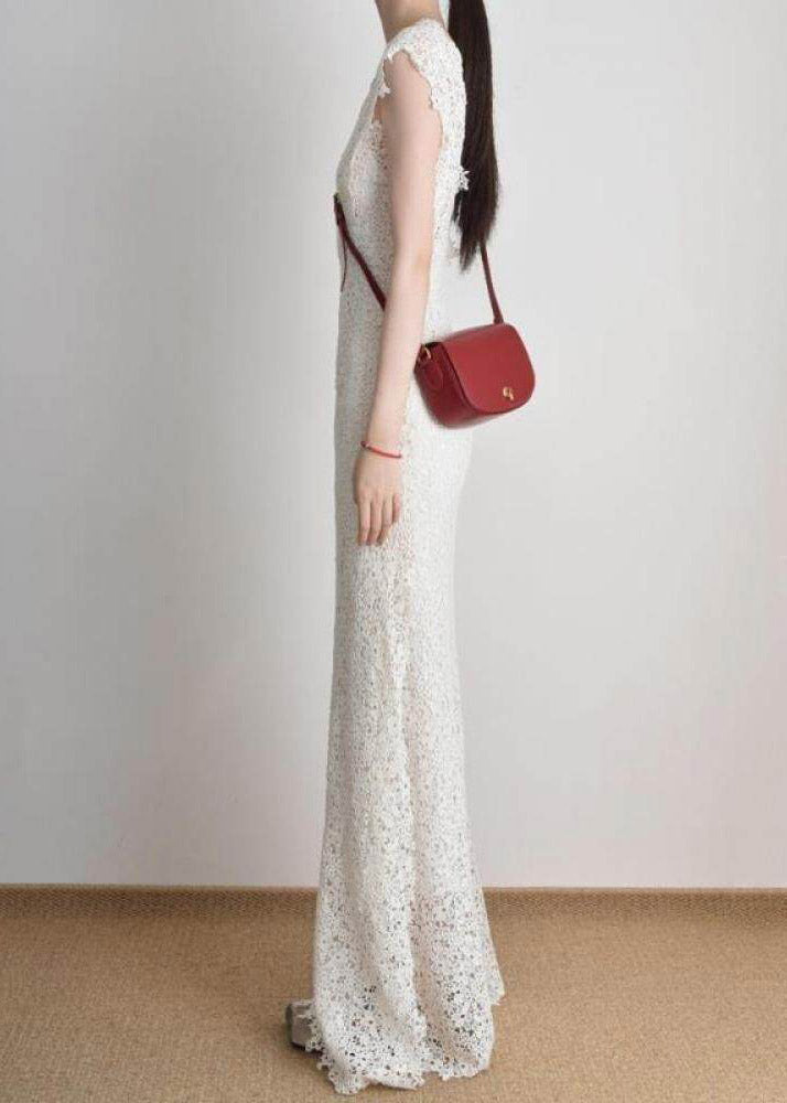 Crochet Lace V-Neck Cap Sleeve Slim Maxi Dress