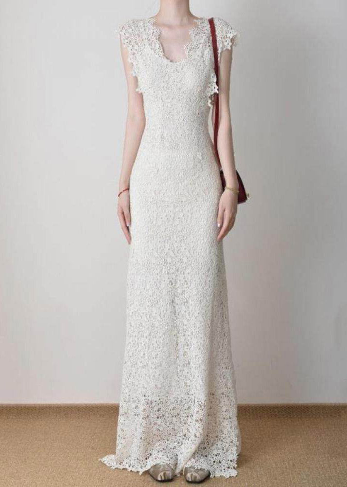 Crochet Lace V-Neck Cap Sleeve Slim Maxi Dress