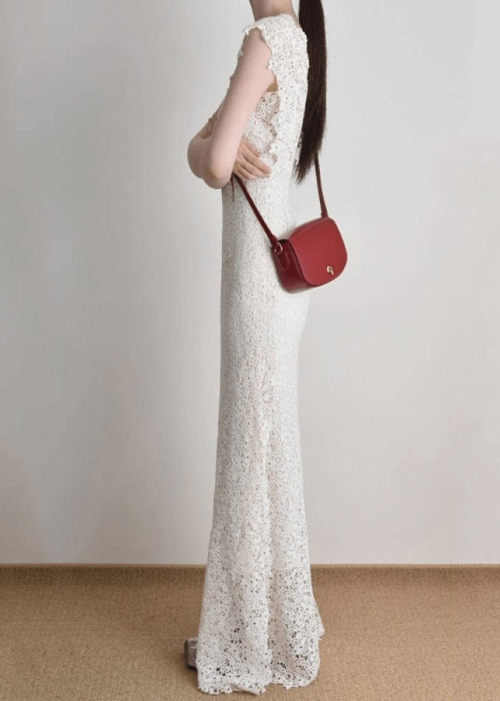 Crochet Lace V-Neck Cap Sleeve Slim Maxi Dress