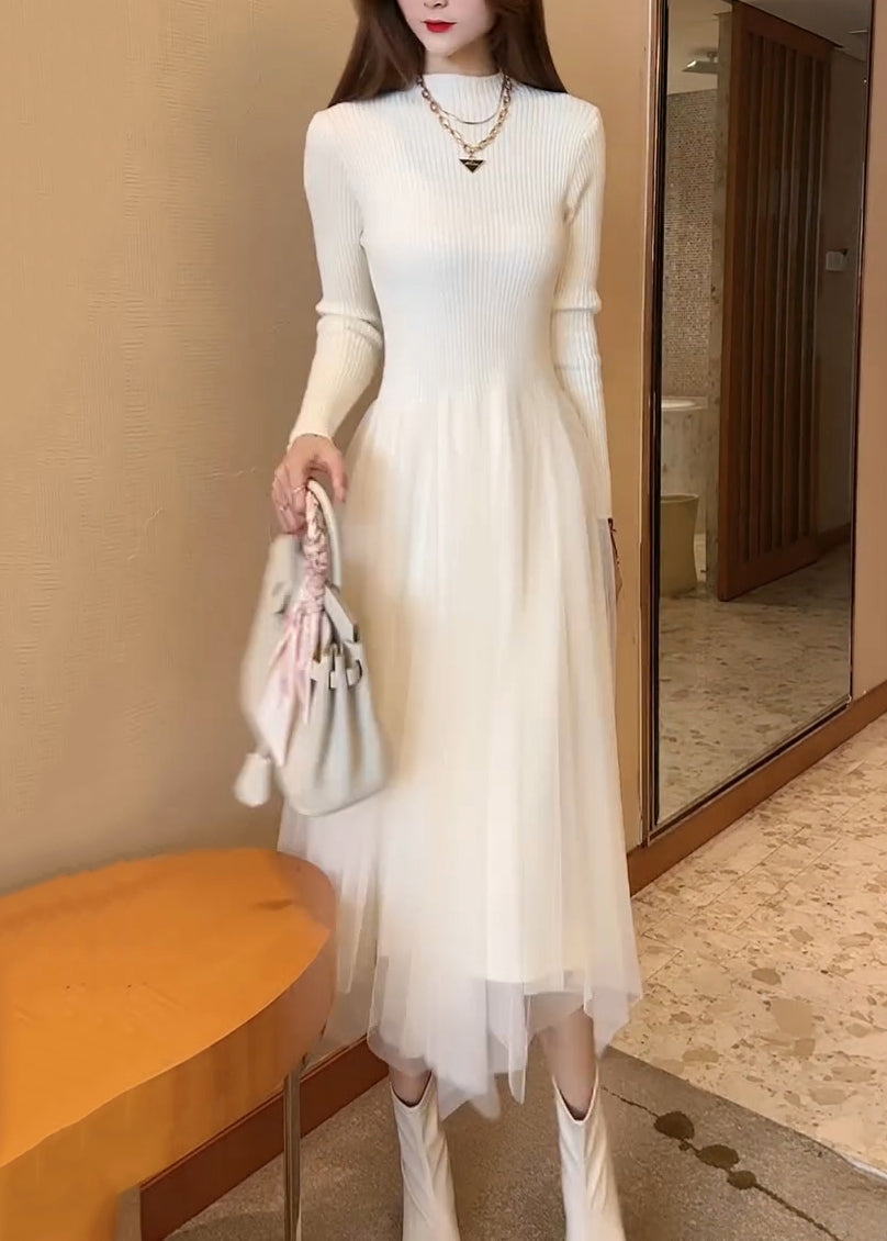 Tulle Layered Mock Neck Ribbed Knit Fit and Flare Midi Dress