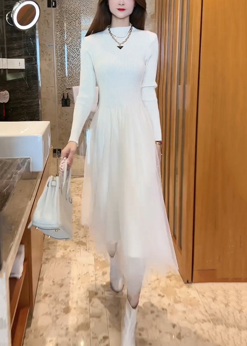 Tulle Layered Mock Neck Ribbed Knit Fit and Flare Midi Dress