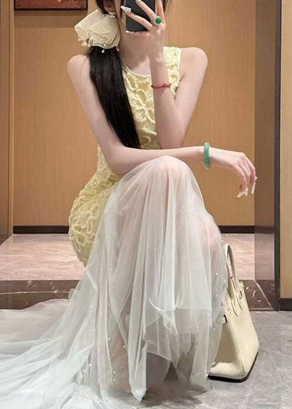3D Floral Lace Sleeveless Round Neck Pearl Embellished Tulle Maxi Gown