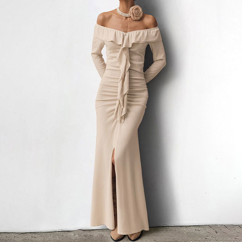 Slim Fit Ruffled Dress High Sense Khaki off Neck Tube Top Split Fishtail