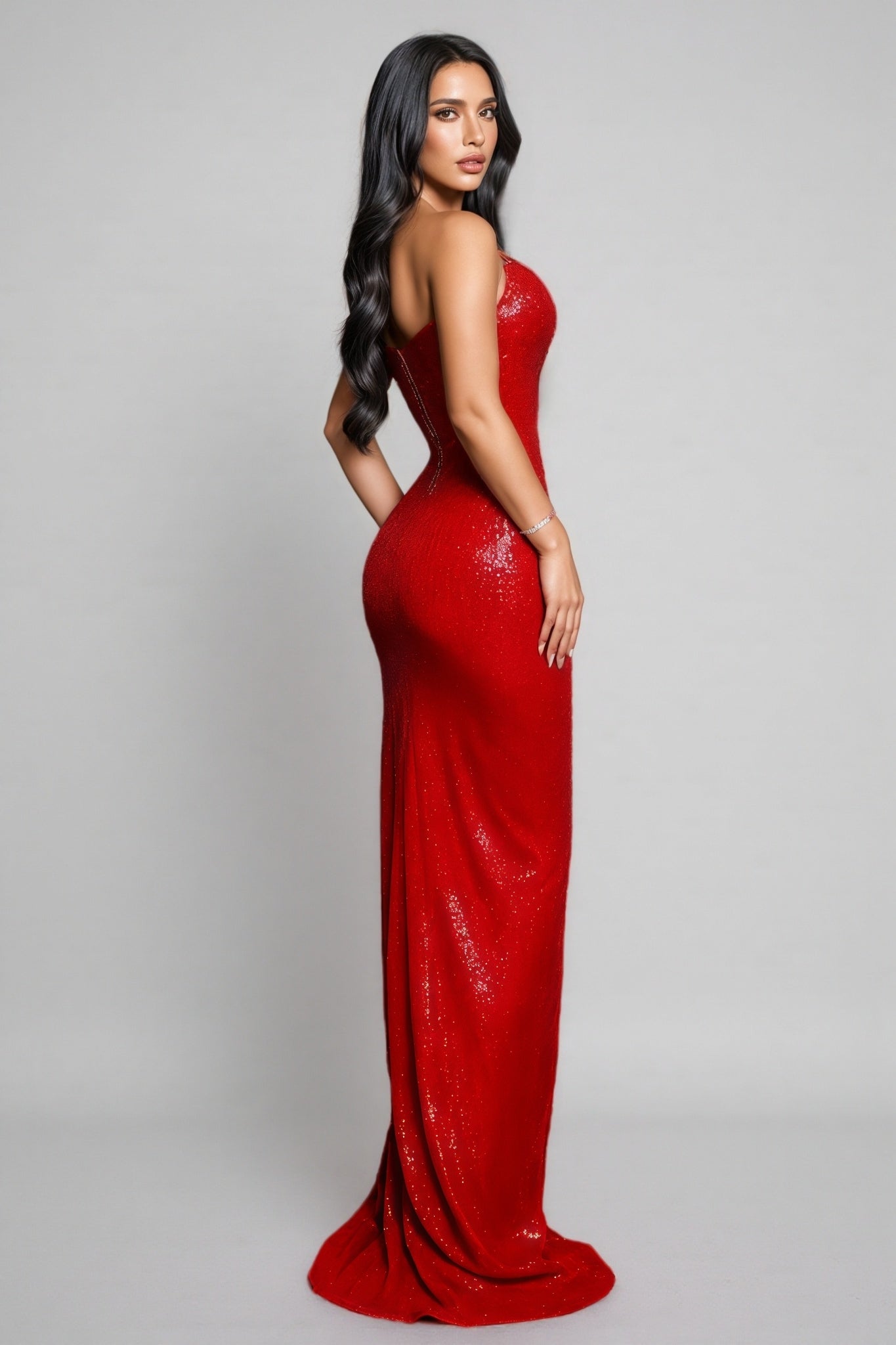 Sequin Spaghetti Strap Draped High Split Mermaid Maxi Dress