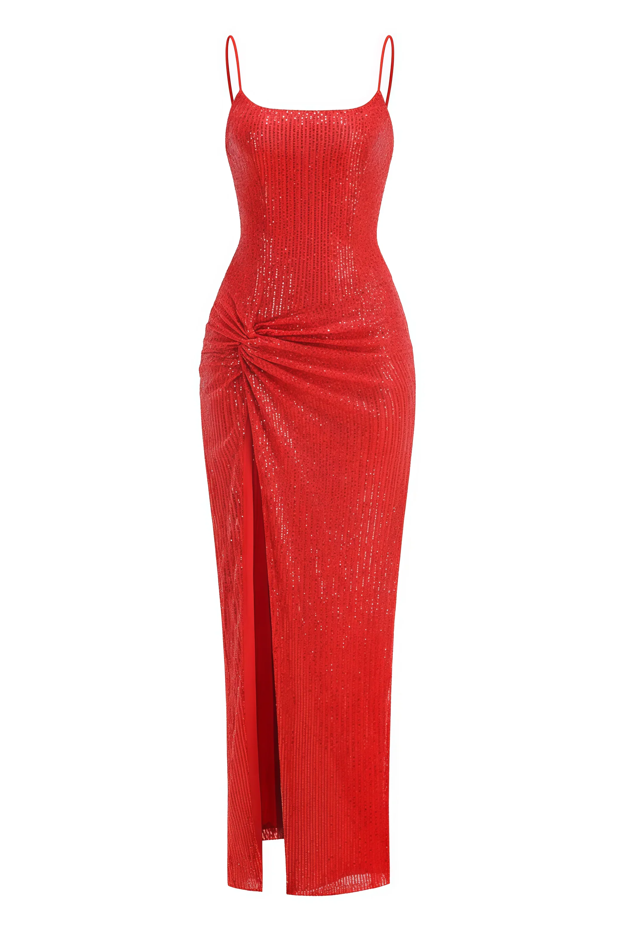 Sequin Spaghetti Strap Draped High Split Mermaid Maxi Dress