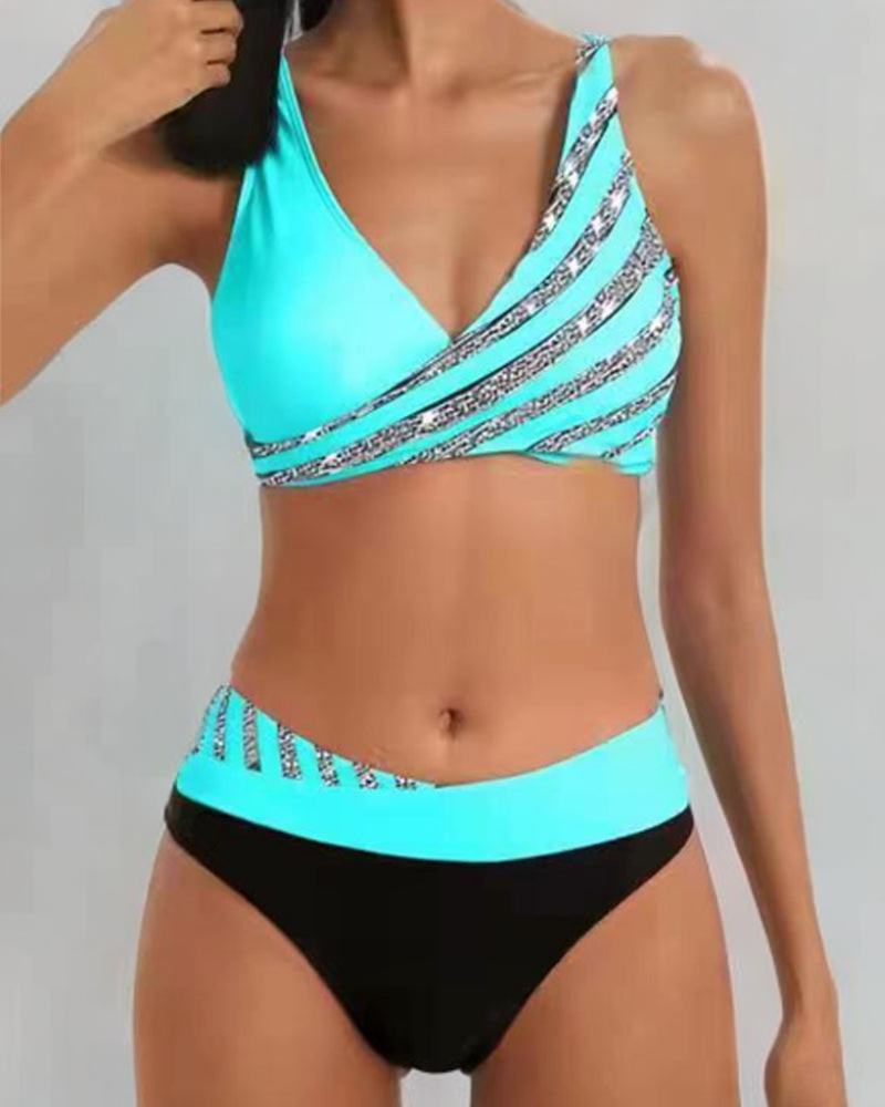 Surplice V-Neck Rhinestone Trim Two Piece Bikini Swimsuit