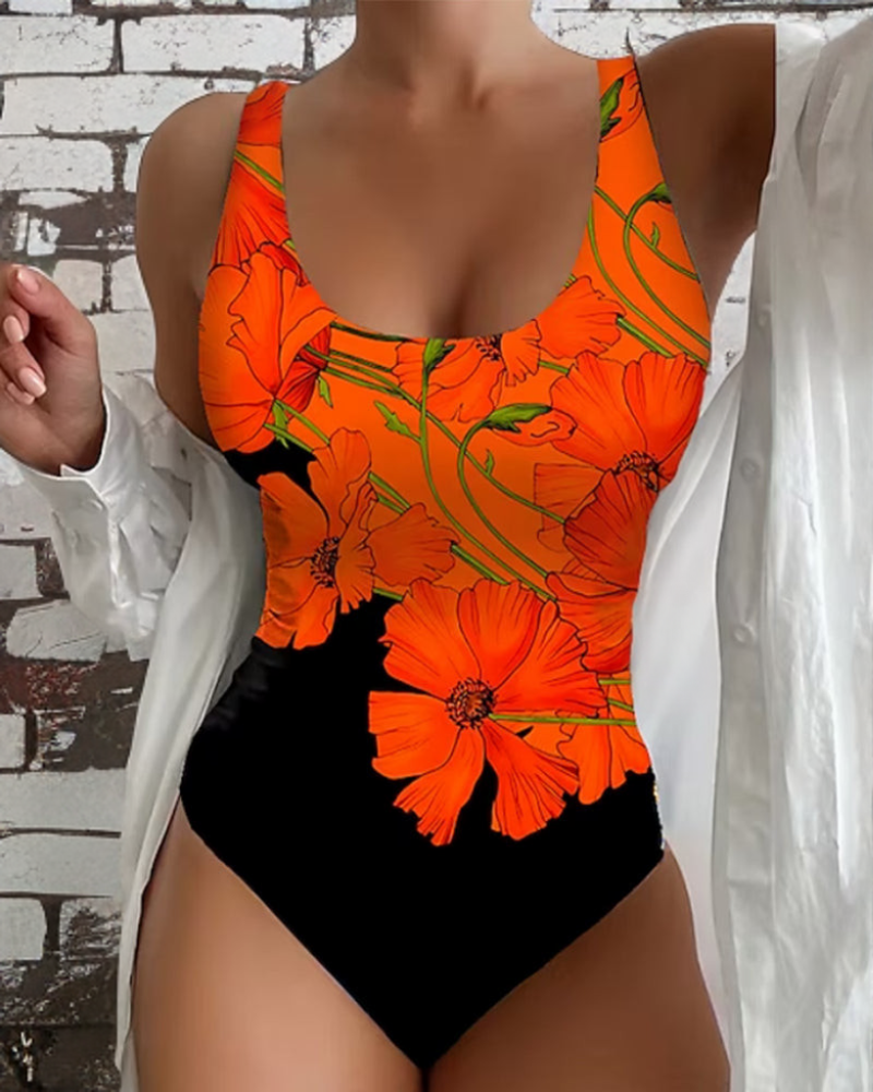 Floral Print Scoop Neck One Piece Swimsuit