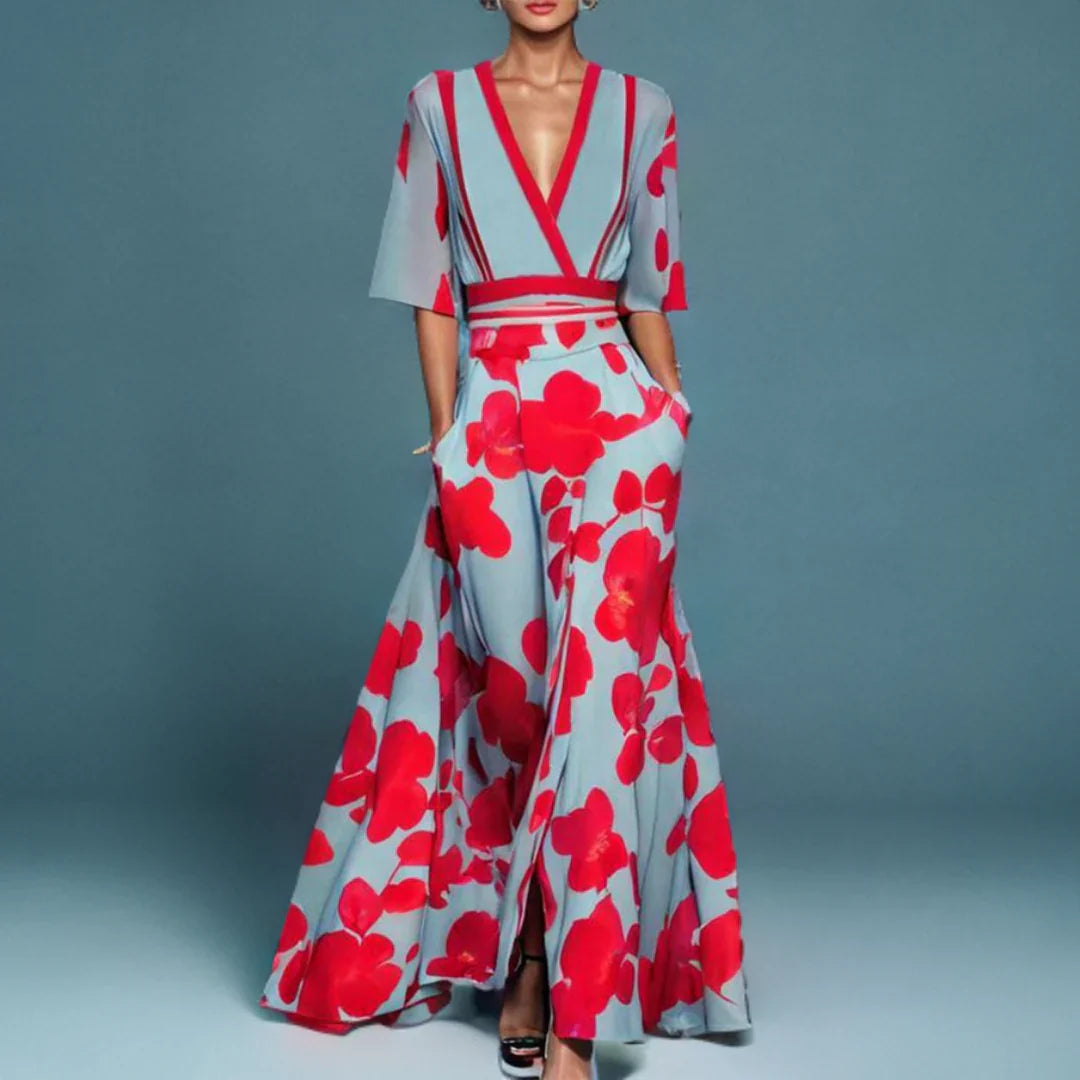 Floral Deep V-Neck Short Sleeve Maxi Two Piece Set