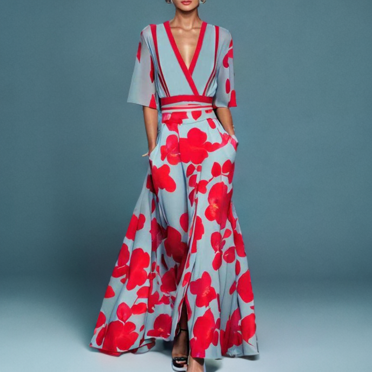 Floral Print Deep V-Neck Kimono Sleeve Wide Leg Jumpsuit