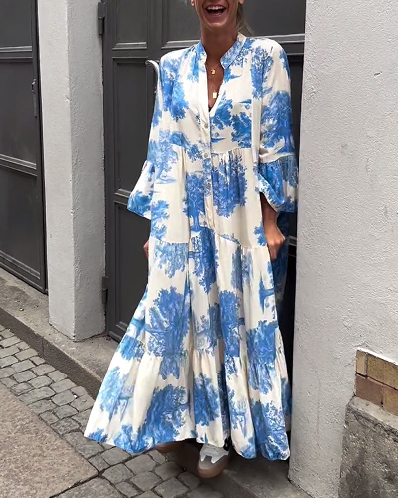 Tie Dye V-Neck Mandarin Collar Button Front Ruffle Cuff Tiered Long Sleeve Maxi Dress