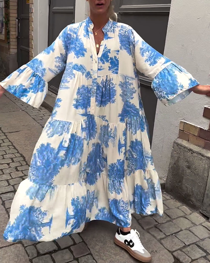 Tie Dye V-Neck Mandarin Collar Button Front Ruffle Cuff Tiered Long Sleeve Maxi Dress