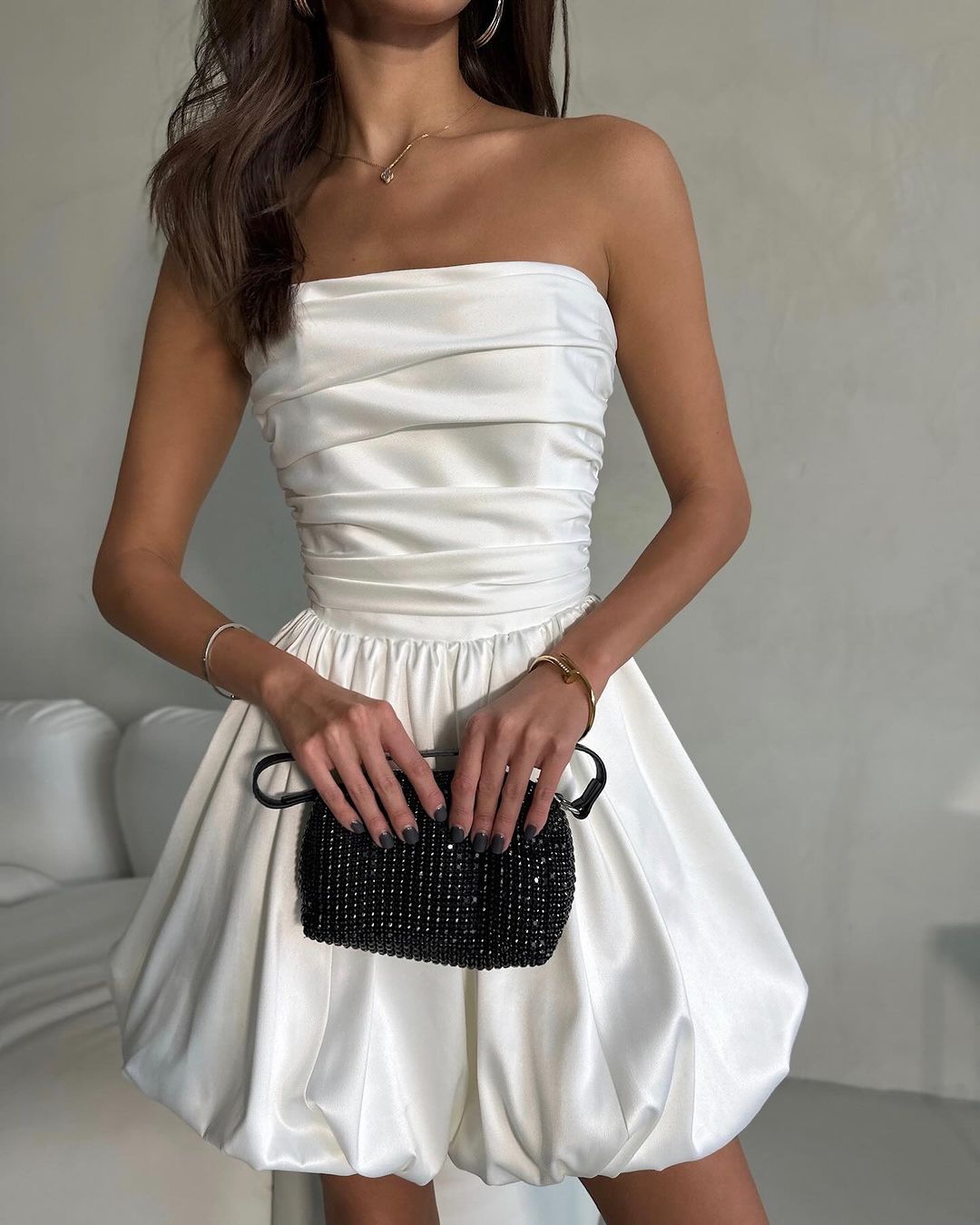 Satin Strapless Ruched Bubble Hem Mini Party Dress