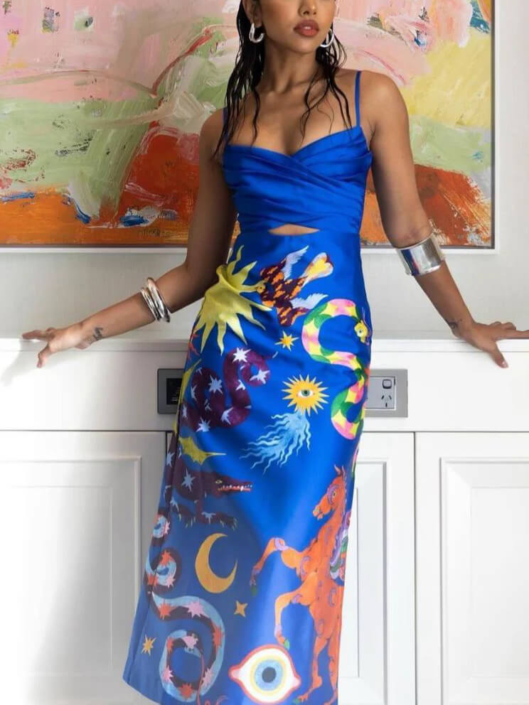 Celestial Print Satin Spaghetti Strap Cross Front Cut Out Midi Dress 2