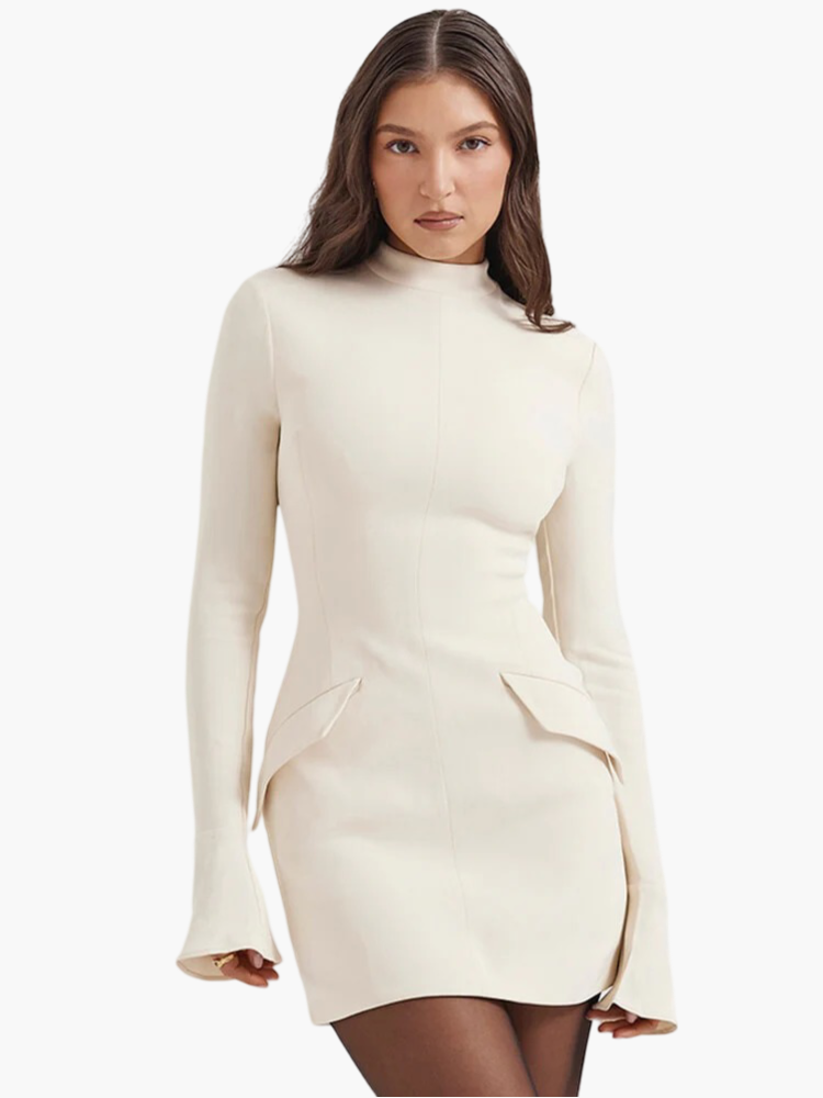 Mock Neck Long Sleeve Bell Cuff Princess Seam Mini Cocktail Dress