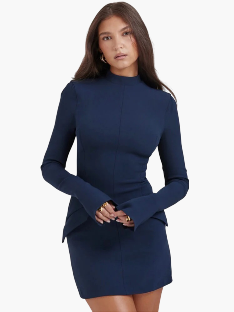 Mock Neck Long Sleeve Bell Cuff Flap Pocket Bodycon Mini Cocktail Dress