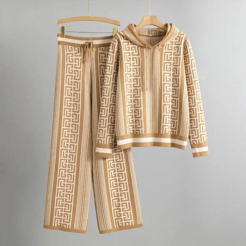 Geometric Print Hooded Sweater and Wide Leg Pants Knit Two Piece Set