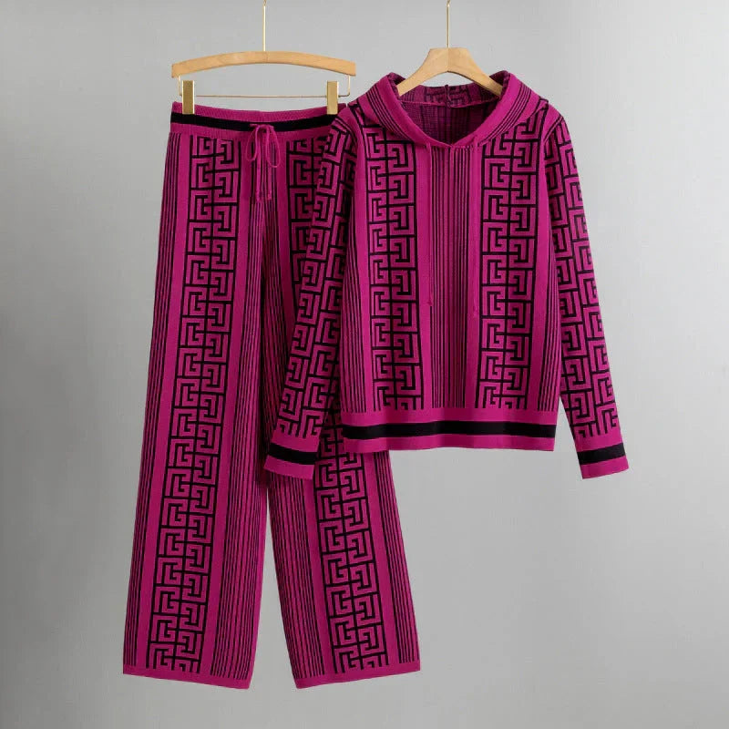 Geometric Print Hooded Sweater and Wide Leg Pants Knit Two Piece Set