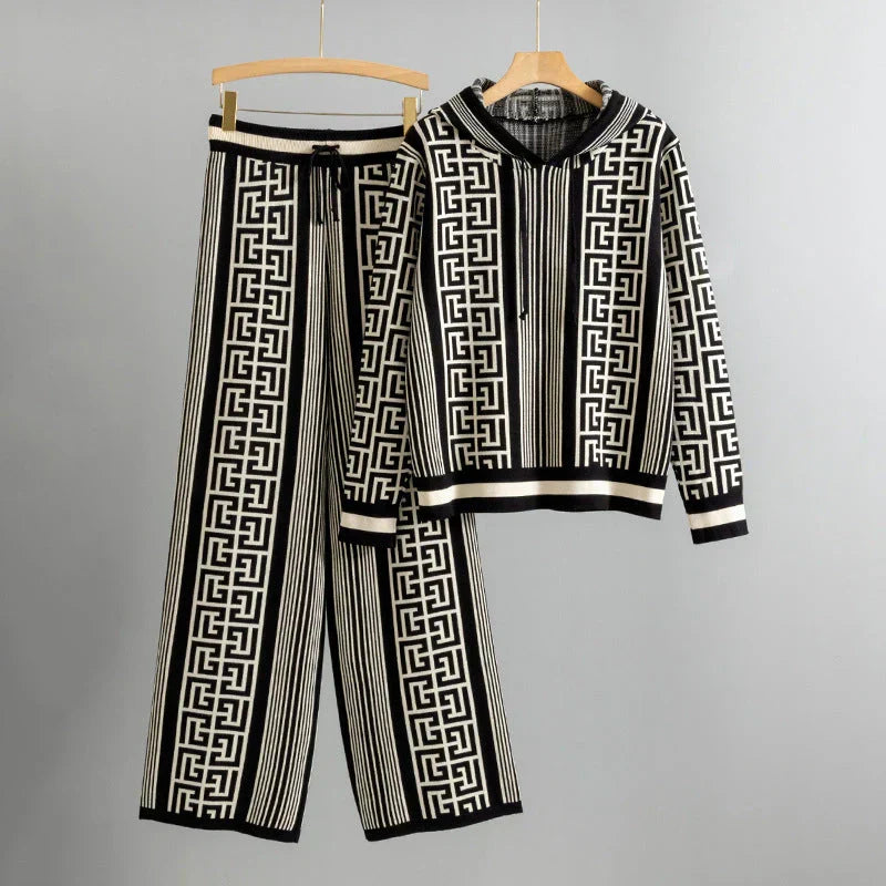 Geometric Print Hooded Sweater and Wide Leg Pants Knit Two Piece Set
